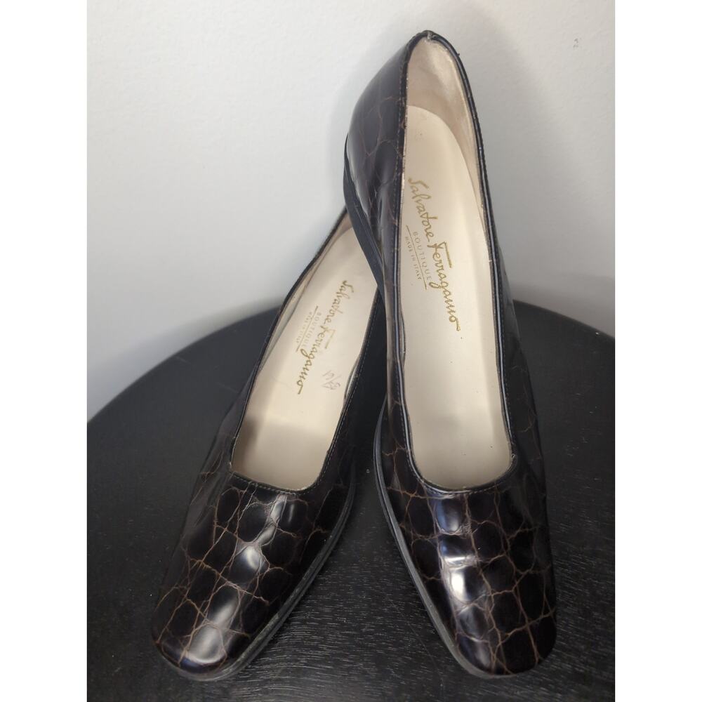 Salvatore Ferragamo Croc Wedge Loafers 7AA Brown Leather Comfort Italy